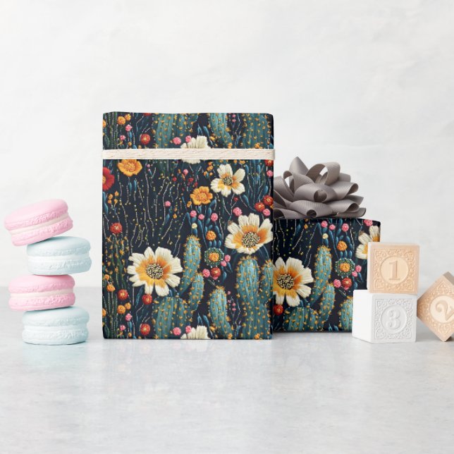 Papel De Presente Cacto Florido Bordado em Preto (Chá de bebê)