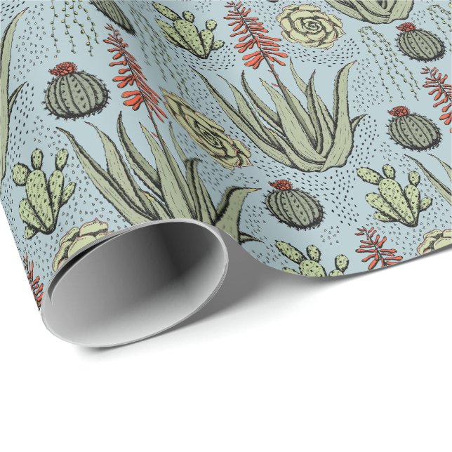 Papel De Presente Cacto Suculento Aloe Vera Azul Francês (Ponta do rolo)