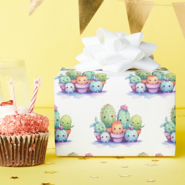 Papel De Presente Cactos Aquarela Em Branco (Festa de aniversário)