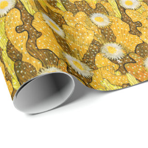 Papel De Presente Cactos Camouflage, Padrão Floral, Amarelo Ouro