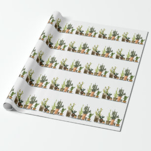 Papel De Presente Cactos de Aquarela Verde: Potes Desenhados À Mão