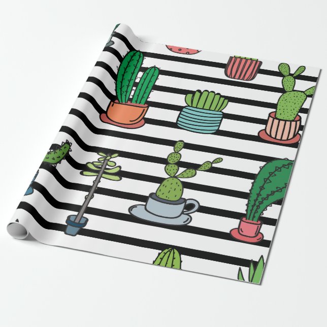Papel De Presente Cactos e Suculentes no Padrão de Stripes (Desenrolado)