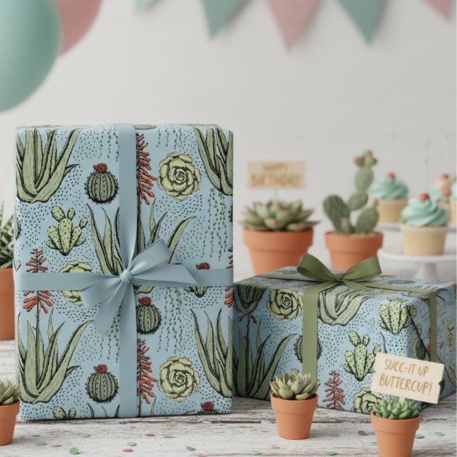 Papel De Presente Cactos e Sucultivos do Deserto Azul Ocidental (Elegant French Blue Succulent & Greenery Birthday Wrapping Paper 4 Plant Lover. Desert Cacti Pattern)