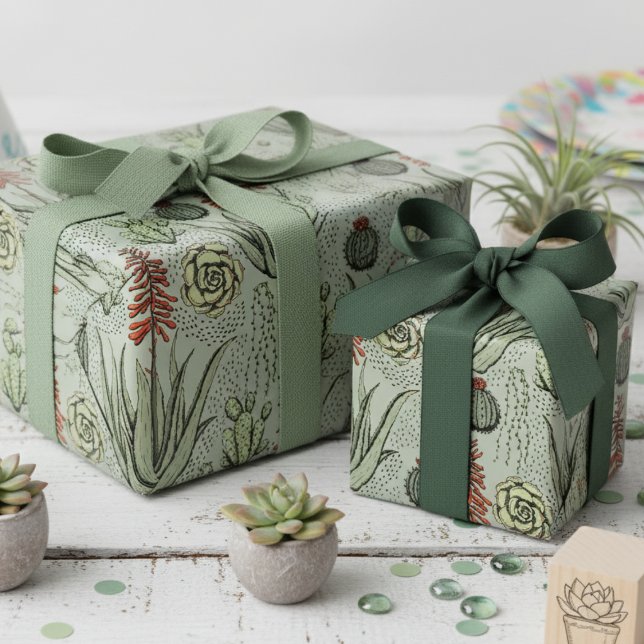 Papel De Presente Cactos e Sucultivos do Deserto Verde do Sage Ocide (Elegant Sage Green Succulent & Greenery Birthday Wrapping Paper 4 Plant Lover. Desert Cacti Pattern)