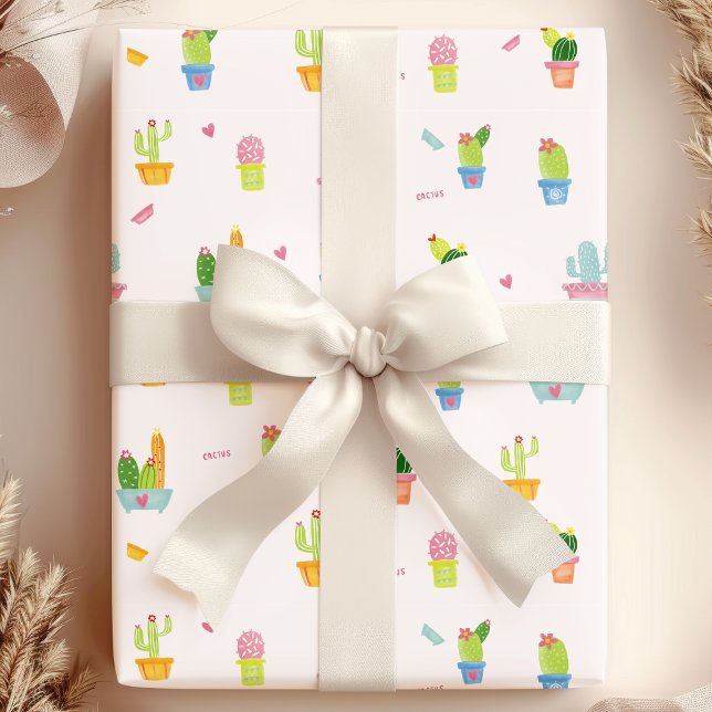 Papel De Presente Cactos Envasados Fofos & Padrão de Plantas do Dese (Criador carregado)