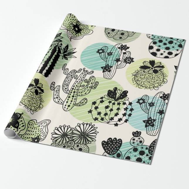 Papel De Presente Cactos florescentes bonitos. Padrão sem soldadura  (Desenrolado)