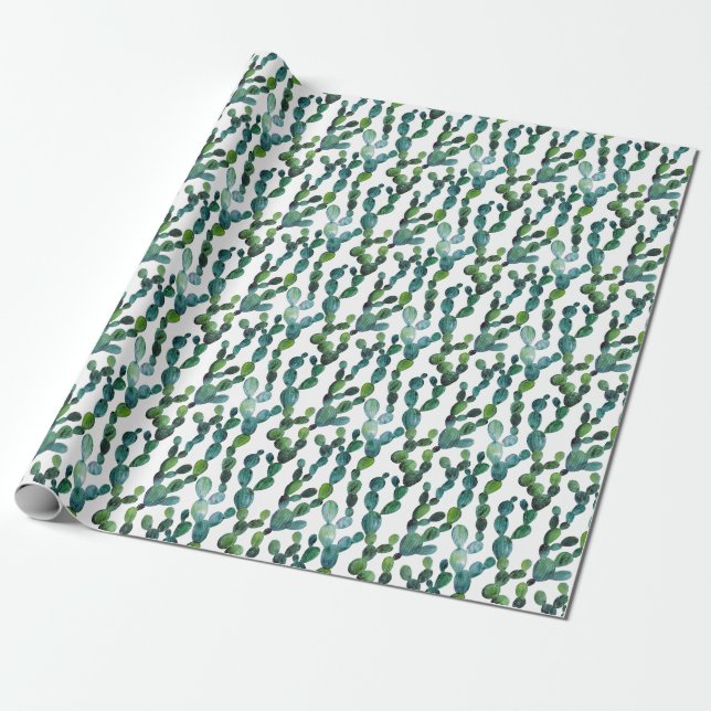 Papel De Presente Cactus Craze: Tendência da Aquarela Tropical (Desenrolado)