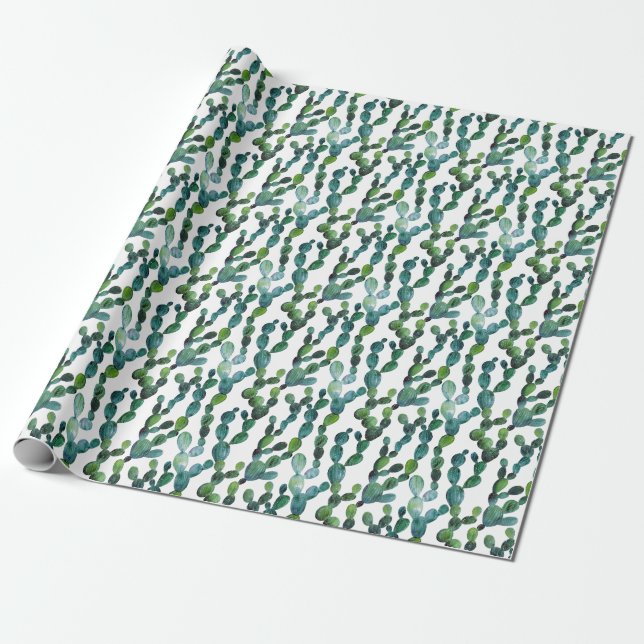 Papel De Presente Cactus Craze: Tendência da Aquarela Tropical (Desenrolado)
