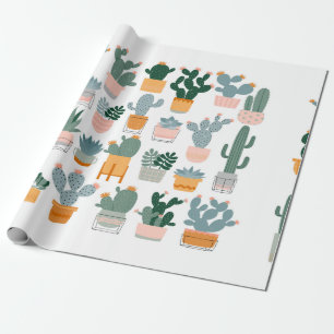 Papel De Presente Cactus e suculentos em potes sobre fundo branco.