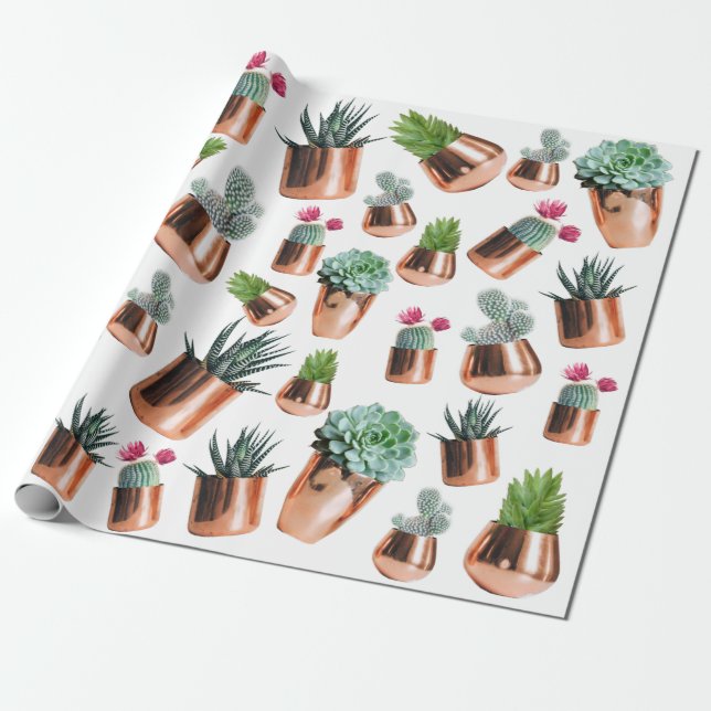 Papel De Presente Cactus e Sucultos em Potes Dourados Rosa (Desenrolado)