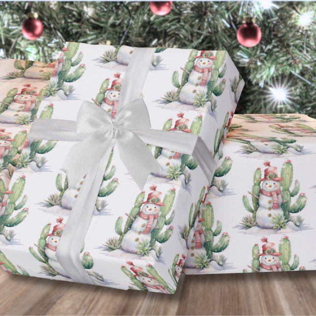 Papel De Presente Cactus Snowman Christmas (Cactus Snowman Christmas Wrapping Paper)