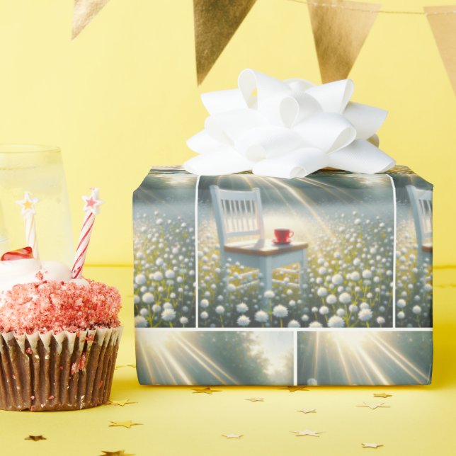 Papel De Presente Cadeira E Taça Vermelha Em Flores Selvagens (Festa de aniversário)