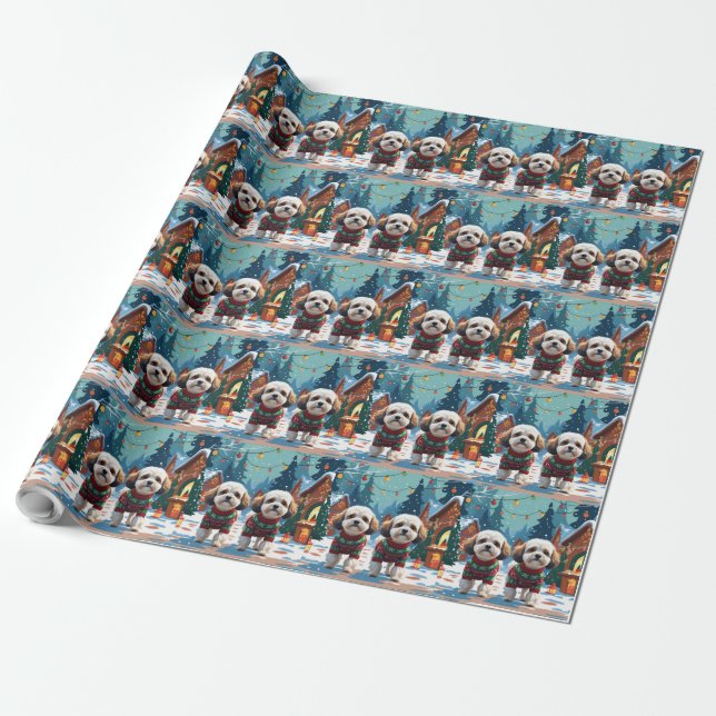 Papel De Presente Cães Bichon Frise Natal Neve Férias (Desenrolado)