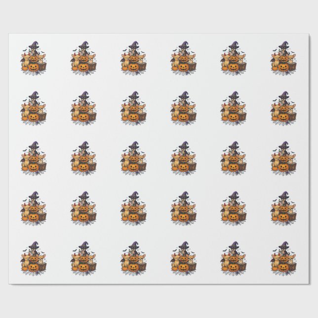 Papel De Presente Cães Chihuahua de Halloween Abóboras Chapéu de Bru (Aberto)
