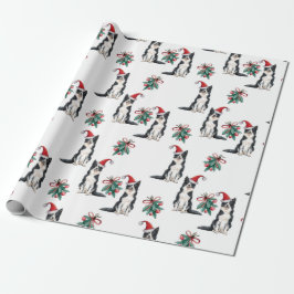 Papel De Presente Cães de Natal bonitos com Santa Hats Holly Berry