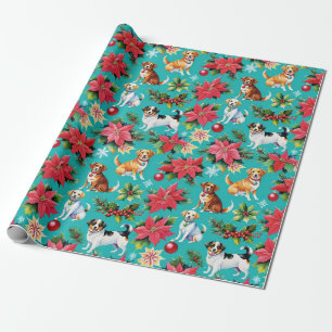 Papel De Presente Cães De Natal Feriados E Poinsettias