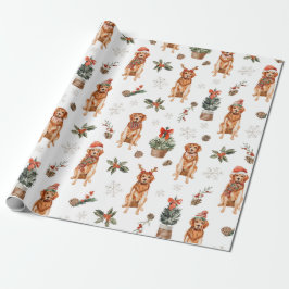 Papel De Presente Cães de Natal Retriever Dourado Aquarela