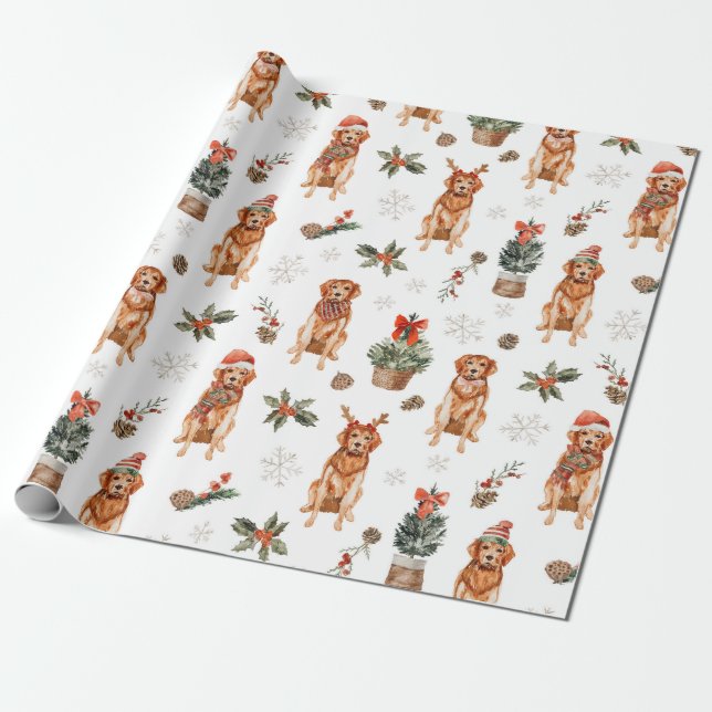 Papel De Presente Cães de Natal Retriever Dourado Aquarela (Desenrolado)