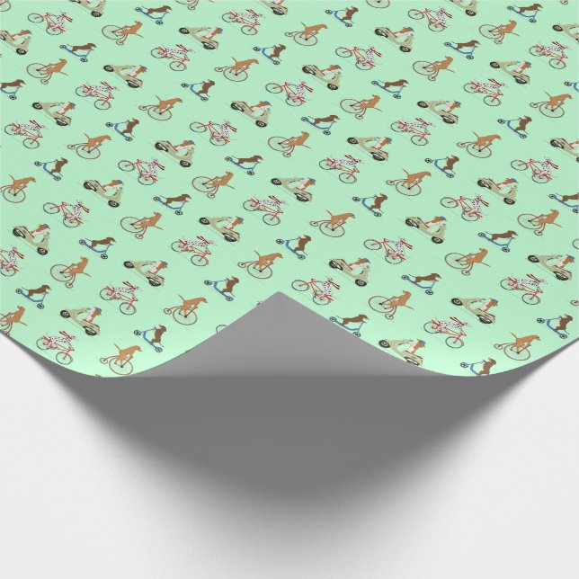 Papel De Presente Cães em Bikes e Patinetes - Verde (Ponta)