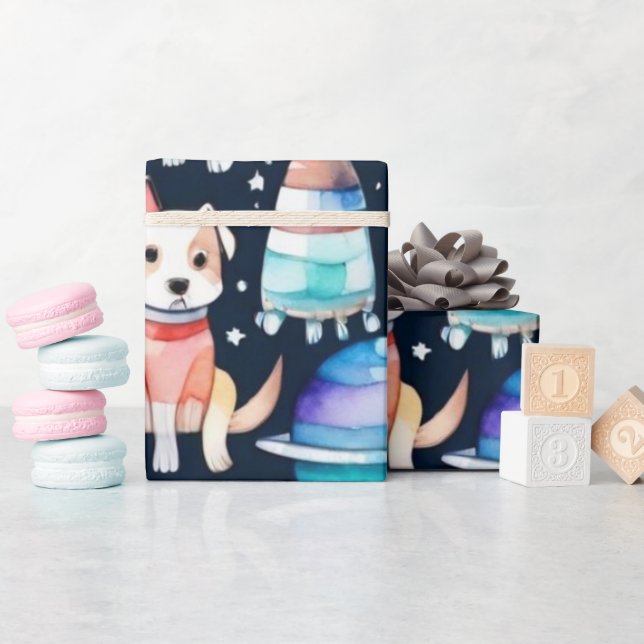 Papel De Presente Cães espaciais planetas, universo de galáxias (Chá de bebê)