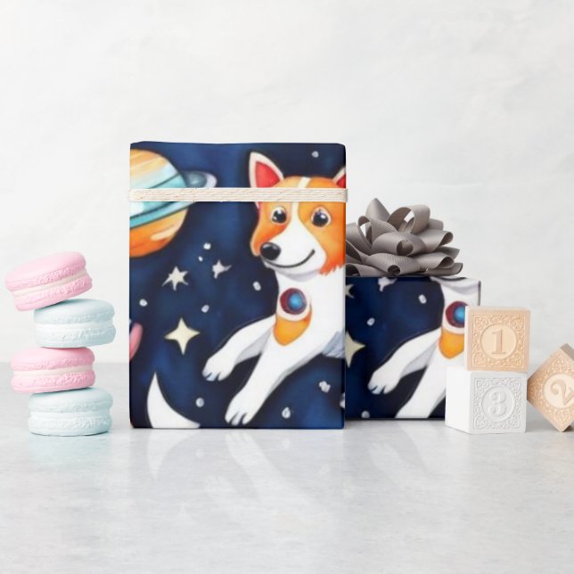 Papel De Presente Cães espaciais planetas, universo de galáxias (Chá de bebê)