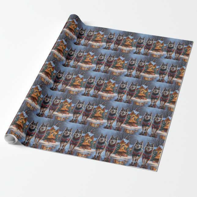Papel De Presente Cães Lapphund Finlandeses Natal Neve Feriado (Desenrolado)
