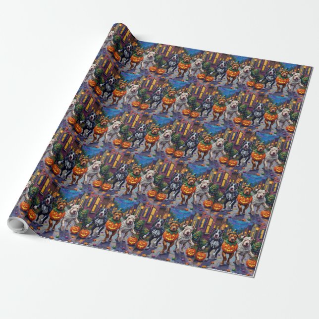 Papel De Presente Cães Pitbull Pedindo Doces ou Travessuras  Fantasi (Desenrolado)
