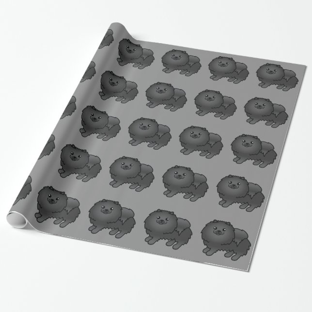 Papel De Presente Cães Pomerânia Pretos em Cinza (Desenrolado)
