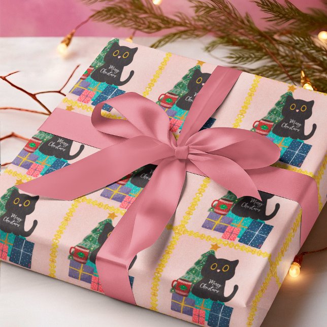 Papel De Presente Café de Gato Preto Natal em Rosa Dourado Festivo (Criador carregado)