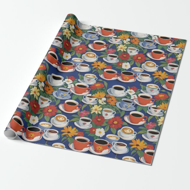 Papel De Presente Café E Xícaras Teaset Floral Azul (Desenrolado)