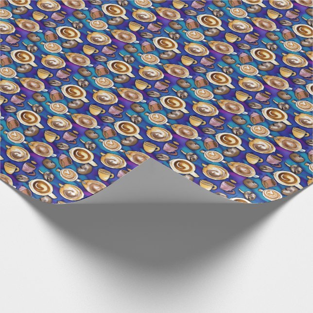 Papel De Presente Café Em Padrão Azul De Aquarela (Ponta)