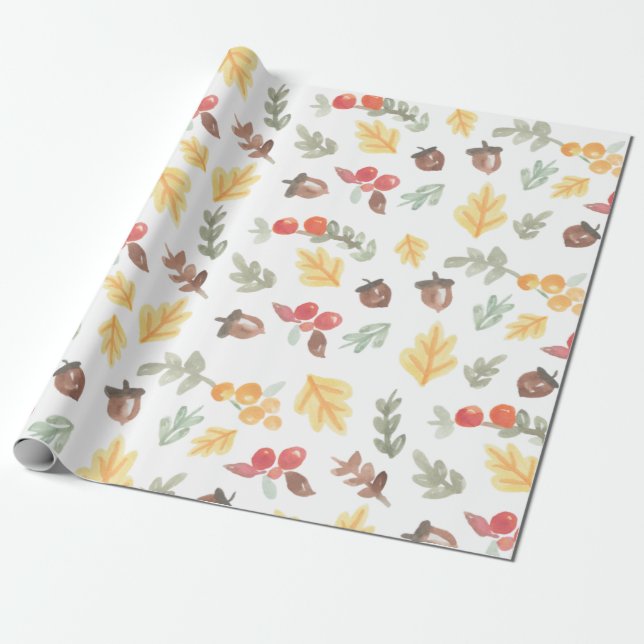 Papel De Presente Cair Folhas Acorns Autumn Padrão Watercolor (Desenrolado)