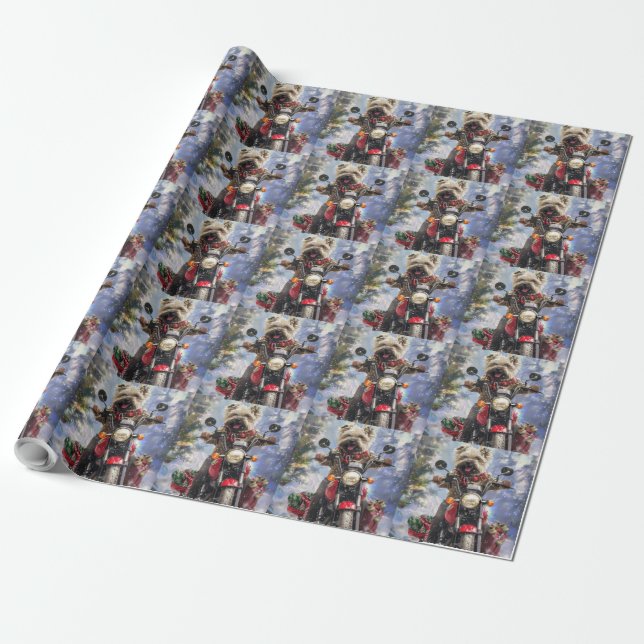 Papel De Presente Cairn Terrier Cão Andando de Motocicleta Natal (Desenrolado)
