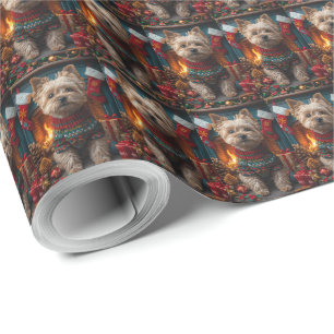 Papel De Presente Cairn Terrier com Presentes de Natal na Lareira