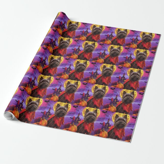 Papel De Presente Cairn Terrier de Halloween Abóbora Vampira Assusta (Desenrolado)