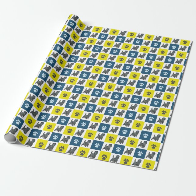 Papel De Presente Cairn Terrier Dog & Paw Yellow & Blue Grid (Desenrolado)