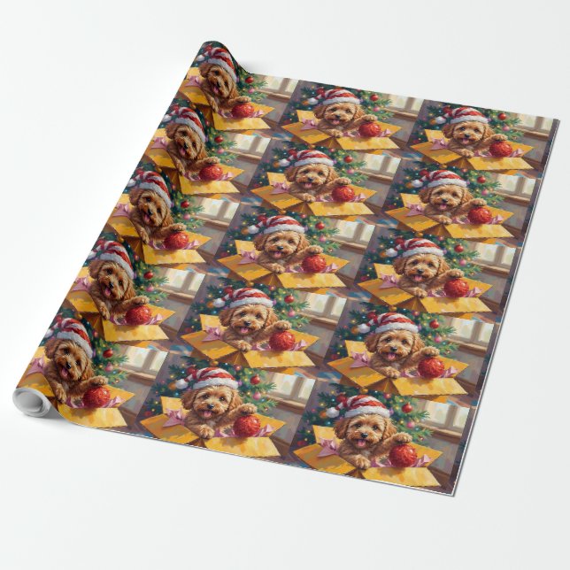 Papel De Presente Caixa Surpresa de Natal com Cachorro Cockapoo (Desenrolado)