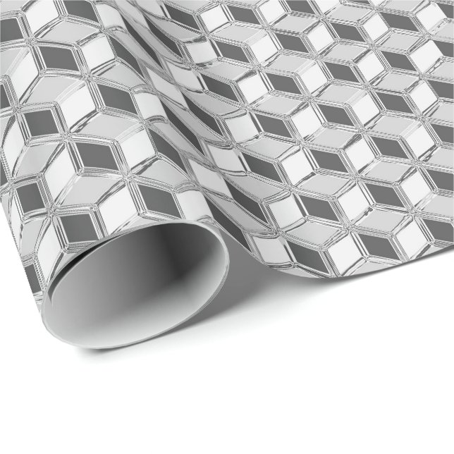 Papel De Presente Caixas 3d cromo - cinzas prateadas (Ponta do rolo)