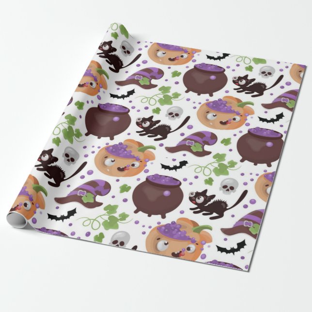 Papel De Presente Caldeirão de Bruxas Fofo Padrão de Halloween (Desenrolado)