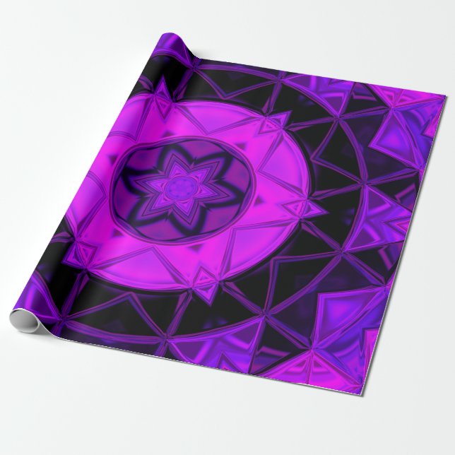 Papel De Presente Caleidoscópio Mosaico Flor Roxo e Preto (Desenrolado)