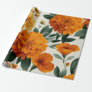 Papel De Presente Calêndula Laranja Botânica Floral Aquarela Outono