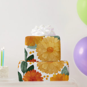 Papel De Presente Calêndula Laranja Botânica Floral Aquarela Outono