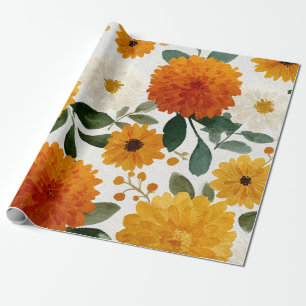Papel De Presente Calêndula Laranja Botânica Floral Aquarela Outono