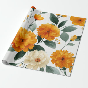 Papel De Presente Calêndula Laranja Botânica Floral Aquarela Outono