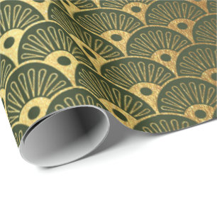 Papel De Presente Cali Woodland Green Metallic Seashells Art Deco