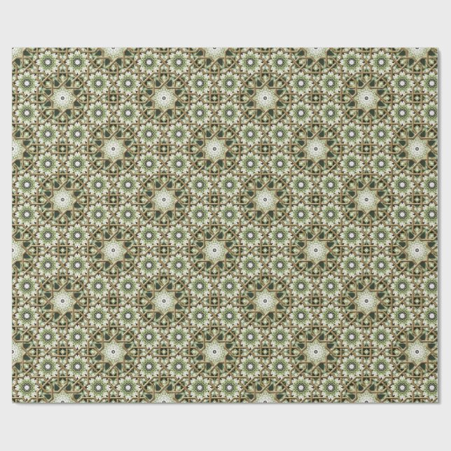 Papel De Presente Calidoscópio floral verde e branco geométrico (Aberto)