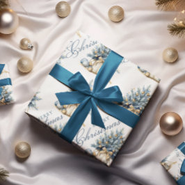 Papel De Presente Caligrafia Azul Dourada da Árvore de Natal Feliz