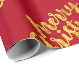 Papel De Presente Caligrafia Dourada de Natal Feliz em Vermelho