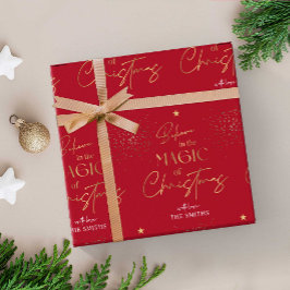 Papel De Presente Caligrafia Dourada de Natal Personalizada Vermelha