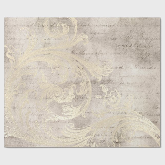 Papel De Presente Caligrafia Grunge Marfim e Dourado Damask (Aberto)
